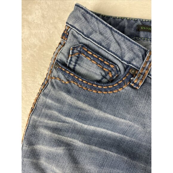Wrangler Rock 47 Ultra Low Rise Jeans Women’s 11 X 34 Thick Stitch Flare Flap - Picture 5 of 10